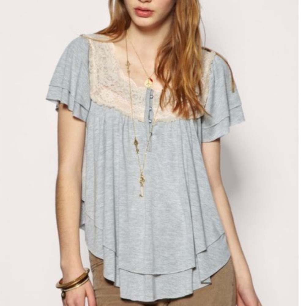 Free people gray swing top with lace inset sz S